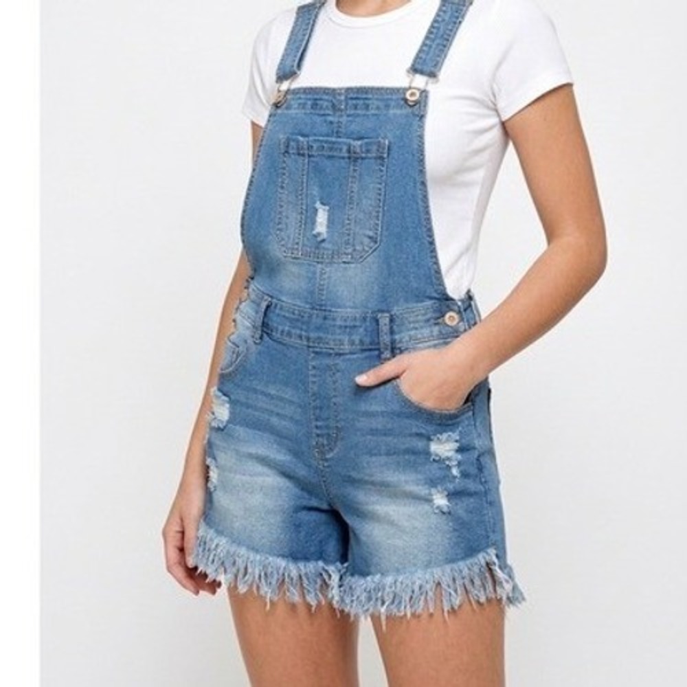 Jeans Denim Overall Shorts Light Wash Distressed Frayed Hem - Kids Size M